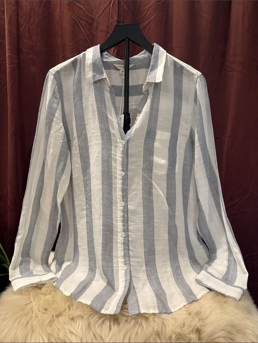 Lucky Brand White and Navy Striped Button-Down Shirt